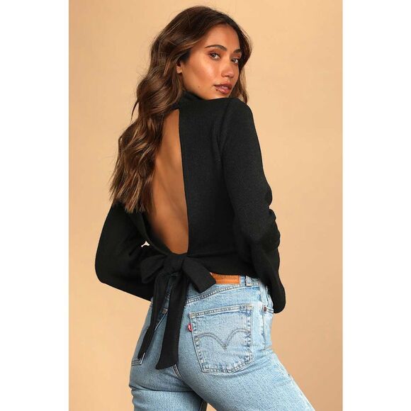 ✨Lulus Baby Got Backless Black Mock Neck Tie-Back Sz Medium Sweater✨ - Picture 2 of 11